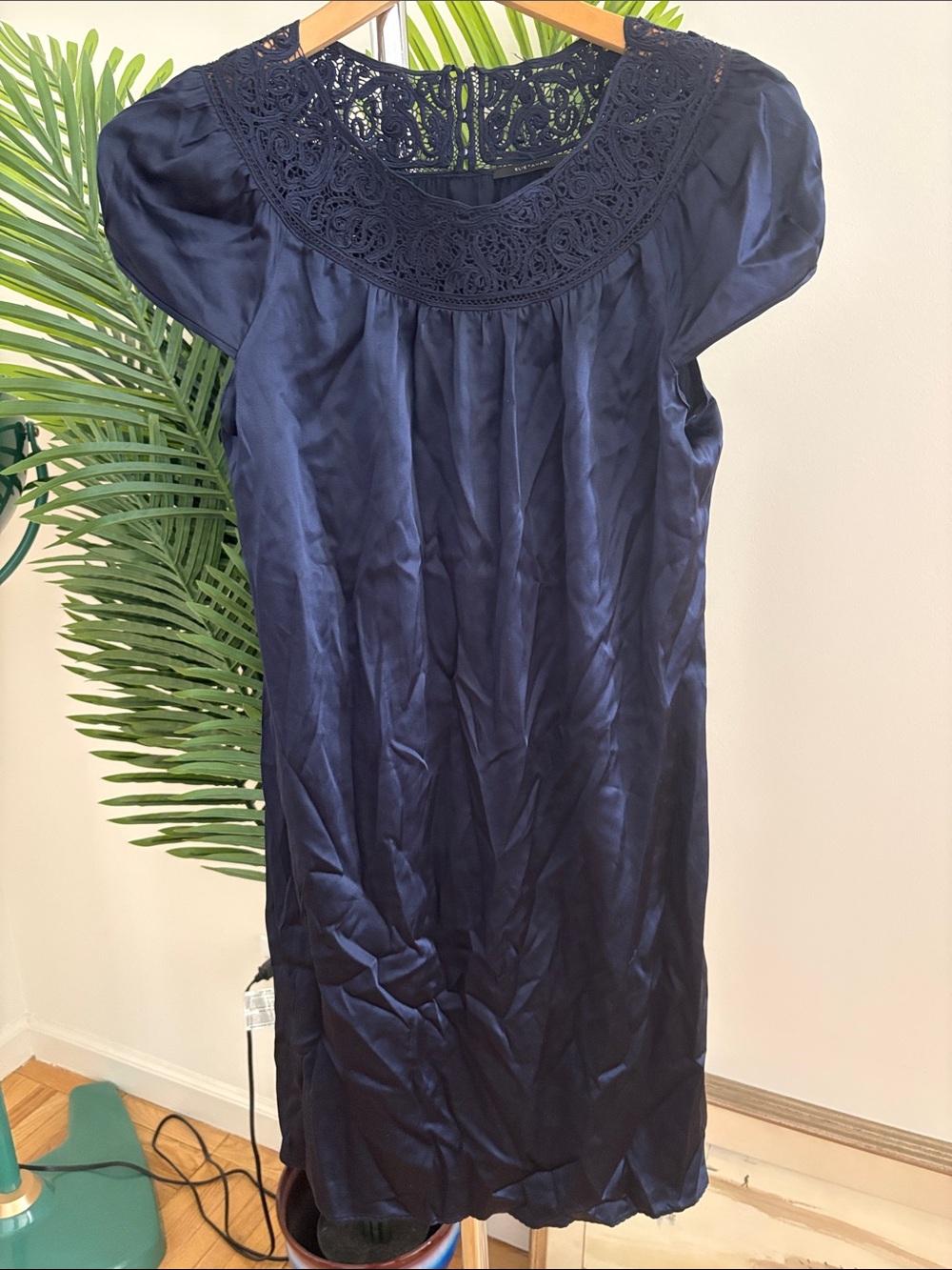 Elie Tahari Navy Silk Crochet Yoke Dress, sz S